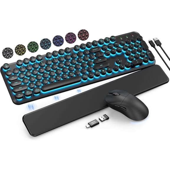 Wireless Keyboard and Mouse Backlit - Typewriter Keyboard with Magnetic Wrist Rest, Retro Round Keycaps, Light Up Letters, 2.4GHz Cordless Combo for Mac, Windows, PC, Laptop, CK24 [Upgraded]