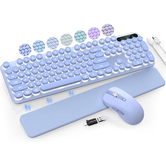 Wireless Keyboard and Mouse Backlit - Typewriter Keyboard with Retro Round Keycaps, Detachable Wrist Rest, Light Up Letters, 2.4G Rechargeable Combo for Mac, Windows, PC, Laptop, Trueque (White)