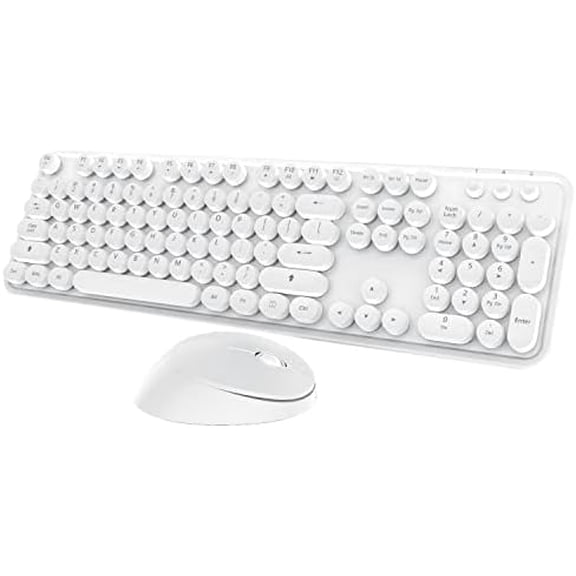 Wireless Keyboard Mouse Combo, 104 Keys Cute White Keyboard with Number Pad & Mouse for Windows, Computer, PC, Notebook, Laptop (White)