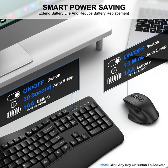 Wireless Keyboard and Mouse Combo, 2.4G Full-Size Ergonomic Keyboard with Wave Keys & Wrist Rest, 3-Level DPI Adjustable Mouse, for Windows Mac OS Desktop Laptop PC (Black)