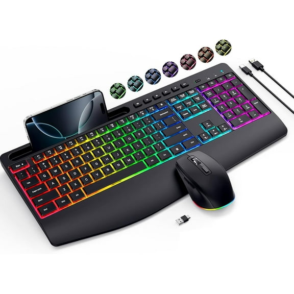 Wireless Keyboard and Mouse Combo- 2.4G Rechargeable Keyboard with Phone Holder, Ergonomic Wrist Rest, 9 RGB Backlit Effects, Silent Keyboard Mouse Set for Windows, Laptop, PC