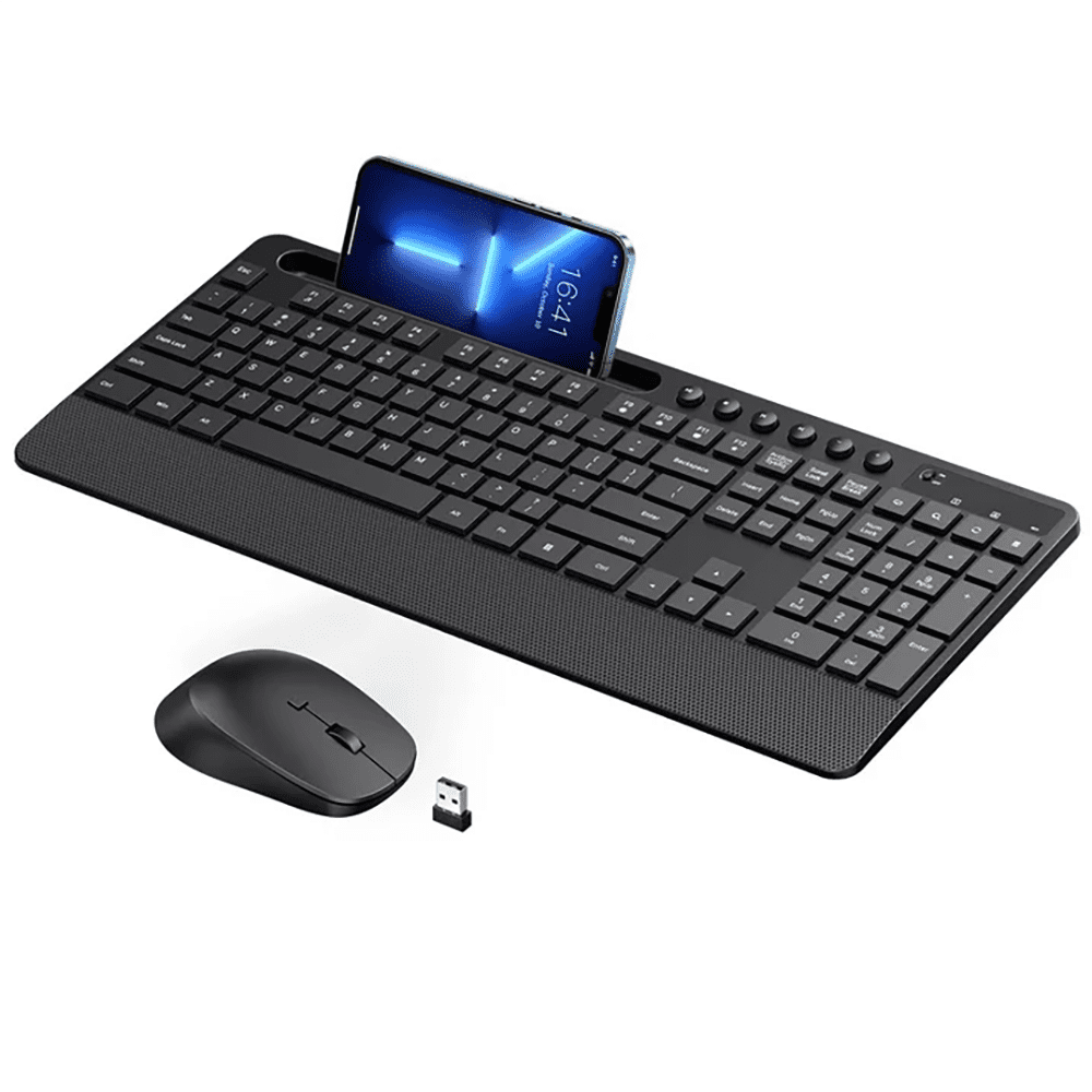 VicTsing Wireless Keyboard and Mouse Combo, 2.4GHz Ergonomic Desk 104 Full Size Keyboard and Mouse with Phone Tablet Holder, 6-Button & 3-DPI Silent Wireless Mouse, 10 Independent Shortcuts