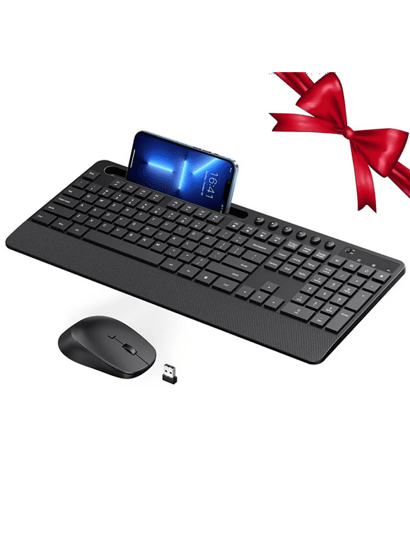 Wireless Keyboard and Mouse Combo, 2.4GHz Ergonomic Full Size Keyboard and Mouse with 10 Independent Shortcuts & Phone Holder, Sleep Mode, Spill-Resistant, 6-Button & 3 DPI Silent Wireless Mouse-Black