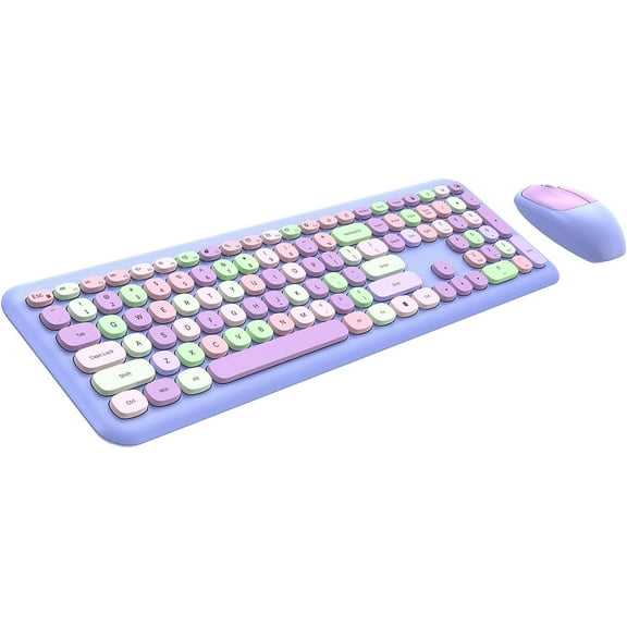 Wireless Keyboard and Mouse Combo, 2.4GHz Full-Sized Colorful Cute Keyboard Mouse Set with Retro Typewriter Flexible Round Keys for Windows, Computer, Laptops