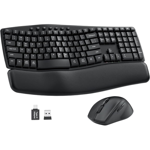 Wireless Keyboard and Mouse Combo, 30dB Quiet Ergonomic Keyboard Set with Wave Keys & Soft Palm Rest, Dual-System Switch for Windows/Mac, Ideal for Business Teams Home Office - Full Size -