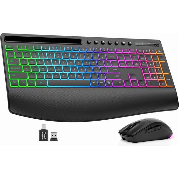 Wireless Keyboard and Mouse Combo - 4000mAh Rechargeable Backlit Keyboard with Wrist Rest & Phone Holder, Full Size Quiet Typing 2.4G USB-A/Type-C for PC, Laptop, Windows, Mac, KM22 Ultra