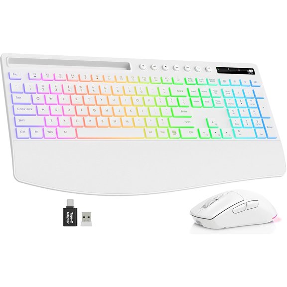 Wireless Keyboard and Mouse Combo, 4000mAh Rechargeable Backlit Keyboard with Wrist Rest & Phone Holder, Full Size Quiet Typing 2.4G USB-A/Type-C for PC Laptop Windows Mac (White)