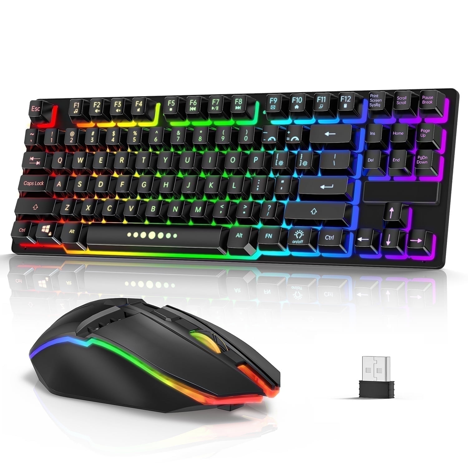 Lighted LED Wireless Keyboard and Mouse Combo, 87 Keys 2.4G USB Receiver, Rechargeable Ergonomic Gaming for PC/Laptop