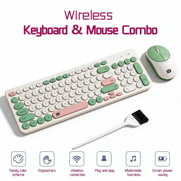 Wireless Keyboard and Mouse Combo with Cleaning Brush, 96-Key Retro Round Keycaps Keyboard, Aesthetic Home Office Desk Setup, Quiet 2.4G for PC Mac Laptop