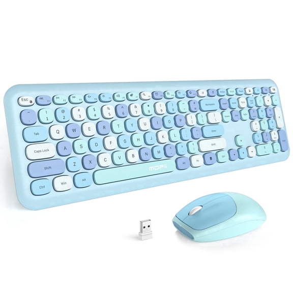 Wireless Keyboard and Mouse Combo, Colorful Ergonomic Full Size Retro Low-Noise Keyboard with Cute keycaps, Compatible with Windows, PC, Perfer for Home and Office Keyboards (Blue)