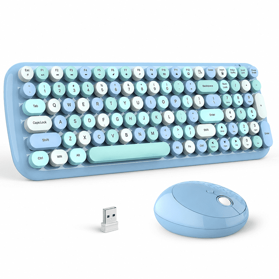 Wireless Keyboard and Mouse Combo, Colorful Ergonomic Full Size Retro Low-Noise Keyboard with Cute keycaps, Compatible with Windows, PC, Perfer for Home and Office Keyboards (Blue)