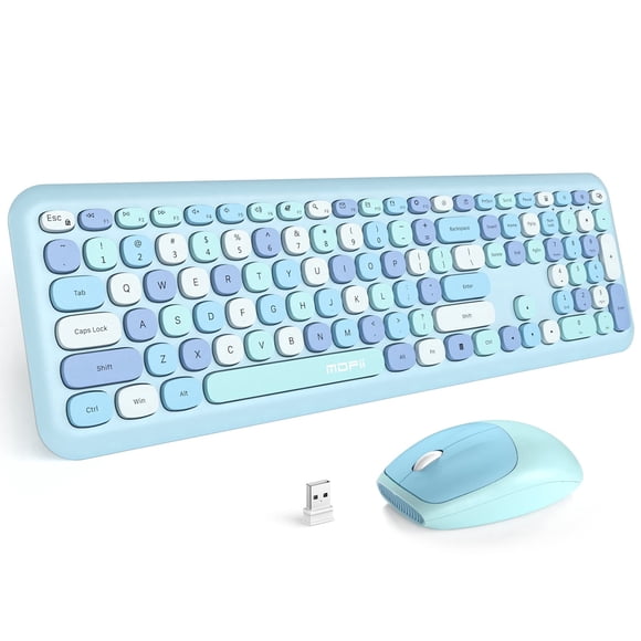 Wireless Keyboard and Mouse Combo, Colorful Ergonomic Full Size Retro Low-Noise Keyboard with Cute keycaps, Compatible with Windows, PC, Perfer for Home and Office Keyboards (Blue)