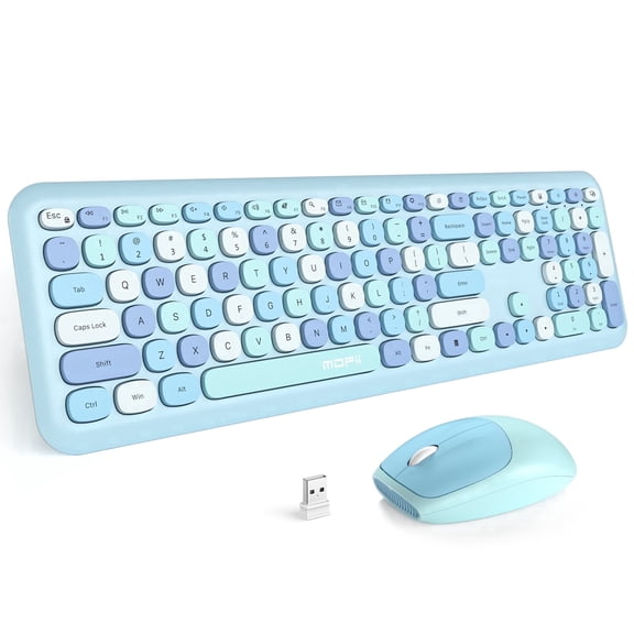 Wireless Keyboard and Mouse Combo, Colorful Ergonomic Full Size Retro Low-Noise Keyboard with Cute keycaps, Compatible with Windows, PC, Perfer for Home and Office Keyboards (Blue)