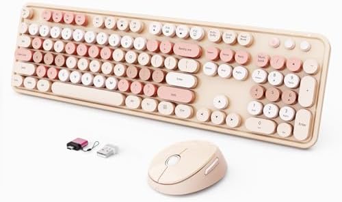 Wireless Keyboard and Mouse Combo, Ergonomic Full Size Typewriter Retro ...