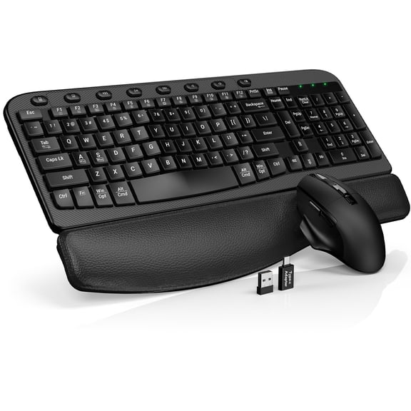 Wireless Keyboard and Mouse Combo  Ergonomic Wave Key, Built-in Leather Soft Palm Rest, 2.4G Full Size, 8 Hotkeys, 6-Button Mouse with 4-Level DPI, Dual USB-A/USB-C, Windows & macOS Compatible