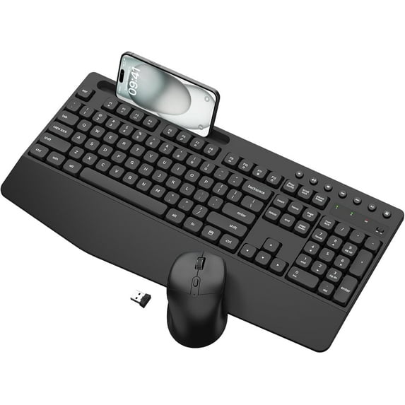 Wireless Keyboard and Mouse Combo, Full-Size Ergonomic Wireless Computer Keyboard with Wrist Rest, Phone Holder, Sleep Mode, Comfortable Natural Typing Set for Windows, Laptop, Mac, PC