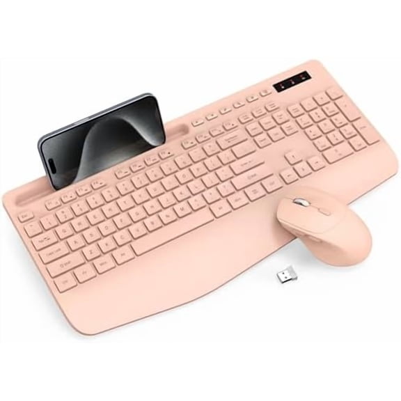 Wireless Keyboard and Mouse Combo - Full-Sized Ergonomic Keyboard with Wrist Rest, Phone Holder, Sleep Mode, Silent 2.4GHz Cordless Keyboards Mice Set for Computer, Laptop, PC, Windows (Pink)