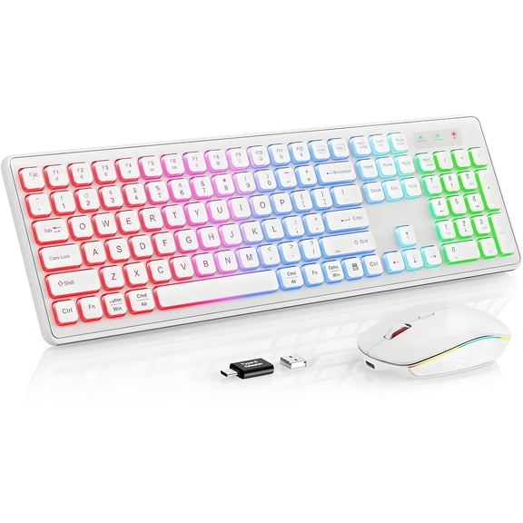 Wireless Keyboard and Mouse Combo, RGB Backlit, Rechargeable & Light Up Letters, Full-Size, 2.4GHz Quiet Keyboard Set (Black)