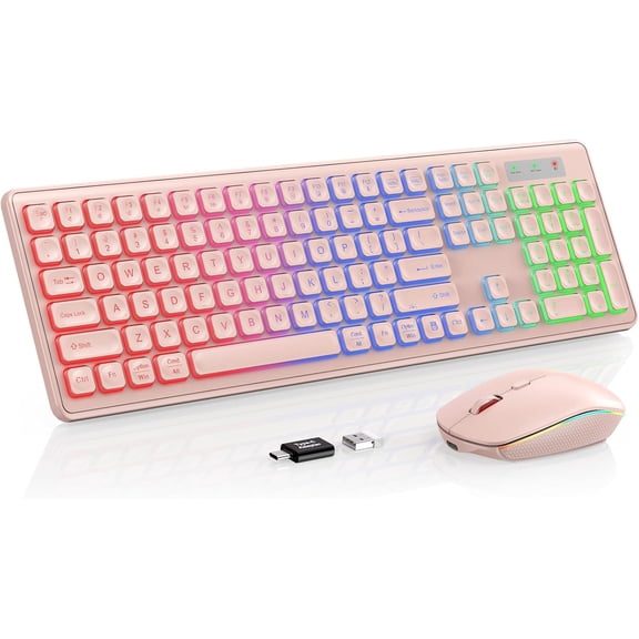 Wireless Keyboard and Mouse Combo, RGB Backlit, Rechargeable & Light Up Letters, Full-Size, Soft Typing, Sleep Mode, 2.4GHz Quiet Keyboard Set for Mac, Windows, Laptop, PC, Trueque (Metallic Blue)