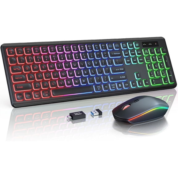 Wireless Keyboard and Mouse Combo, RGB Backlit, Rechargeable & Light Up Letters 2.4GHz Quiet Keyboard Set (Black)