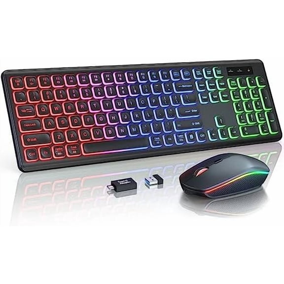 Wireless Keyboard and Mouse Combo, RGB Backlit, Rechargeable & Light Up Letters, Full-Size, Soft Typing, Sleep Mode, 2.4GHz Quiet Keyboard Set for Mac, Windows, Laptop, PC, (Black)
