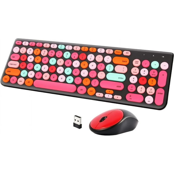 Wireless Keyboard and Mouse Combo, Retro Typewriter with Round Keycaps, 2.4GHz USB Cute for Computer, Desktop, Laptop Computer (-Colorful)
