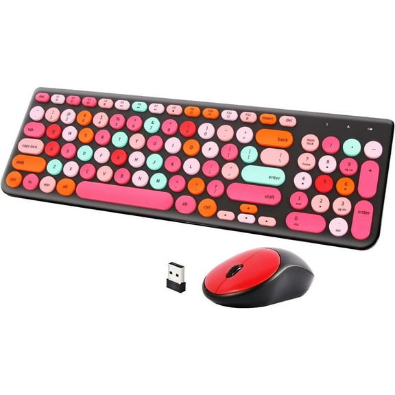 Wireless Keyboard and Mouse Combo, Retro Typewriter Keyboard with Round Keycaps, 2.4GHz USB Cute Wireless Keyboard Mouse for Computer, Desktop, Laptop and Computer (Black-Colorful)