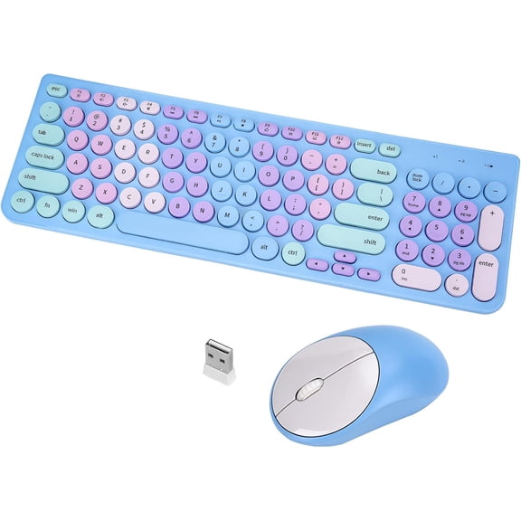 Wireless Keyboard and Mouse Combo, Retro Typewriter Keyboard with Round Keycaps, 2.4GHz USB Cute Wireless Keyboard Mouse for Computer, Desktop, Laptop and Computer (Rainbow Blue)