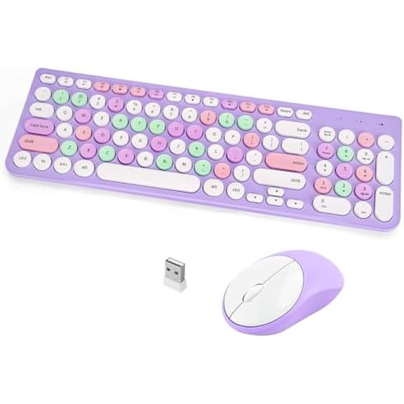 Wireless Keyboard and Mouse Combo, Retro Typewriter Keyboard with Round Keycaps, 2.4GHz USB Cute Wireless Keyboard Mouse for Computer, Desktop, Laptop (Purple Colorful)