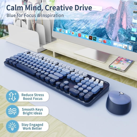 Wireless Keyboard and Mouse Combo, Retro Typewriter-Style Keyboard with Round Keycaps, Full-Size Ergonomic Design, Blue, Ideal for Windows PC, Home, Office & College