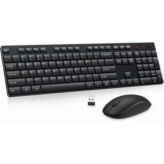 Wireless Keyboard and Mouse Combo, Silent Full Size Cordless USB Keyboard Mouse, 2.4GHz Lag-Free, Long Battery Life, for Computer, Laptop, PC, Chromebook, Windows (Black, 1 Pack)