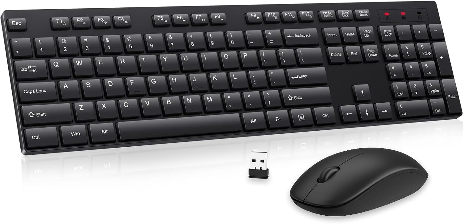 Wireless Keyboard and Mouse Combo, Silent Full Size Cordless USB Keyboard Mouse, 2.4GHz Lag-Free, Long Battery Life, for Computer, Laptop, PC, Chromebook, Windows (Black, 1 Pack)