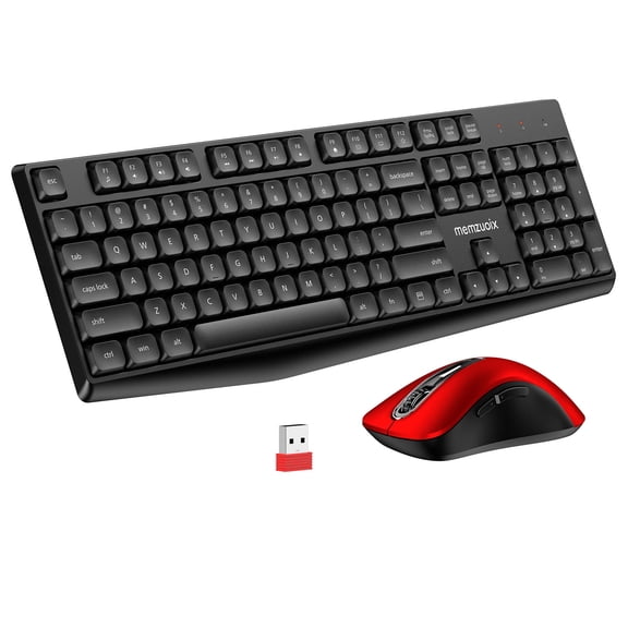 Wireless Keyboard and Mouse Combo, memzuoix 2.4G Full Size Keys Ergonomic Silent Black Keyboard and 1400DPI Ergonomic Red Mouse for Windows, Mac OS Desktop/Laptop/PC