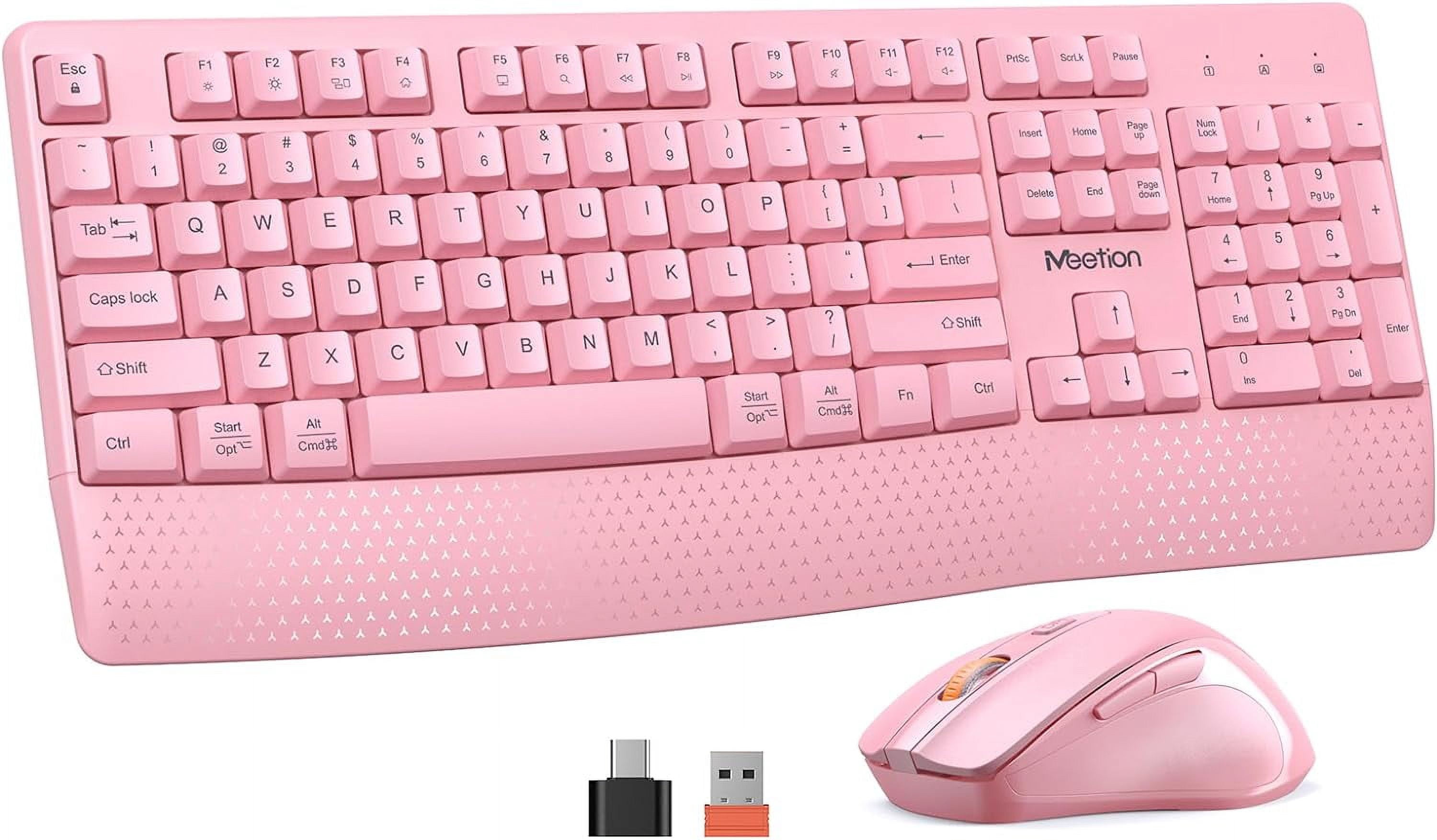 Wireless Keyboard and Mouse, Full-Sized Cordless Keyboard with Wrist Rest and 3 DPI Adjustable Mouse, 2.4G Wireless, Compatible with PC/Computer/Laptop/Windows/Mac, Pink