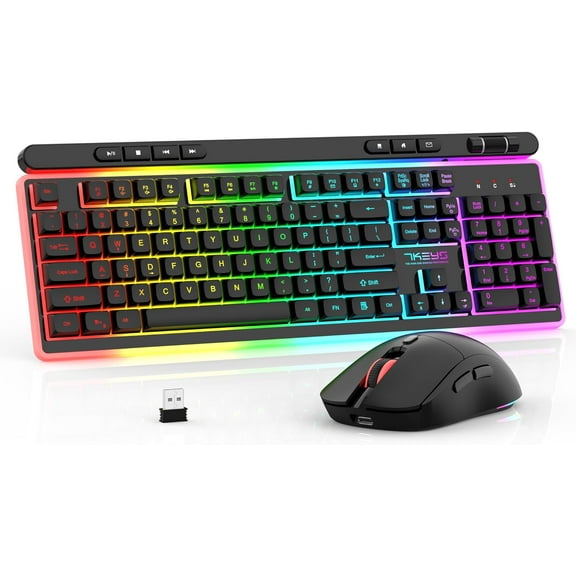 Wireless Keyboard and Mouse Gaming Combo with RGB Backlight, Full Size Multi-Media Keys Durable, Mechanical Feel, Ergonomic 6D LED 2.4G Gaming Mouse 3200DPI for PC Desk Computer Laptop MAC