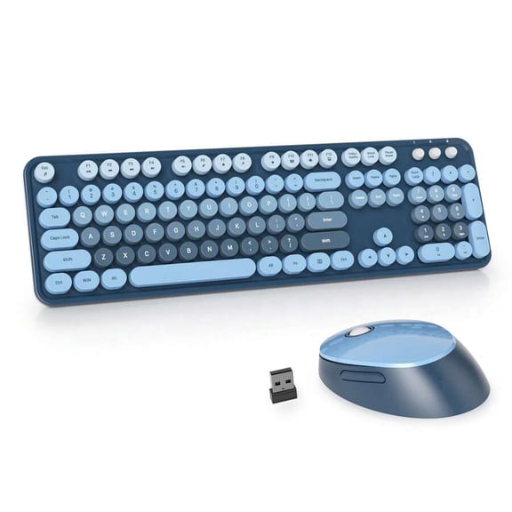 Wireless Keyboard And Mouse Set, Cute Keyboard And Mouse Combo, Full Size Typewriter Keyboard With Number Pad, Colorful Keyboard With Round Keycaps For Windows PC Laptop