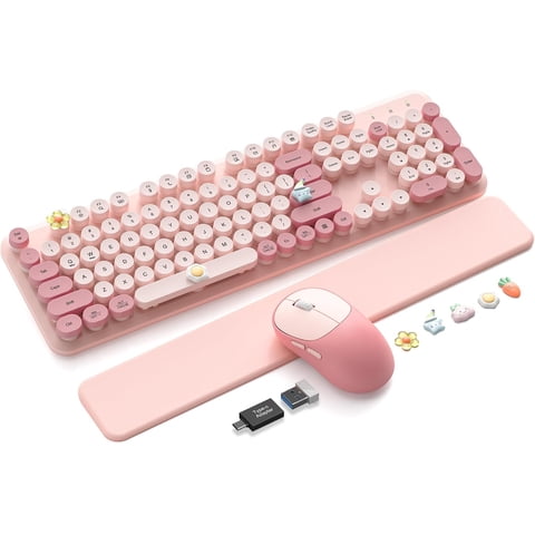 Wireless Keyboard & Mouse Set – Retro Round Keycaps, Detachable Wrist Rest, 2.4GHz Cordless Connection for Mac/Windows/PC