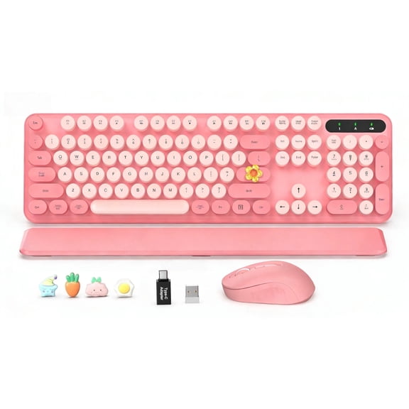 Wireless Keyboard and Mouse Combo, Retro Round Keycaps, Full Size with Detachable Wrist Rest, 2.4G for PC Mac Windows, Light Pink