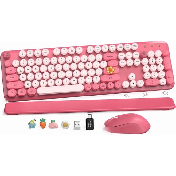 Wireless Keyboard and Mouse Combo, Retro Round Keycaps, Full Size with Detachable Wrist Rest, 2.4G for PC Mac Windows, Pink