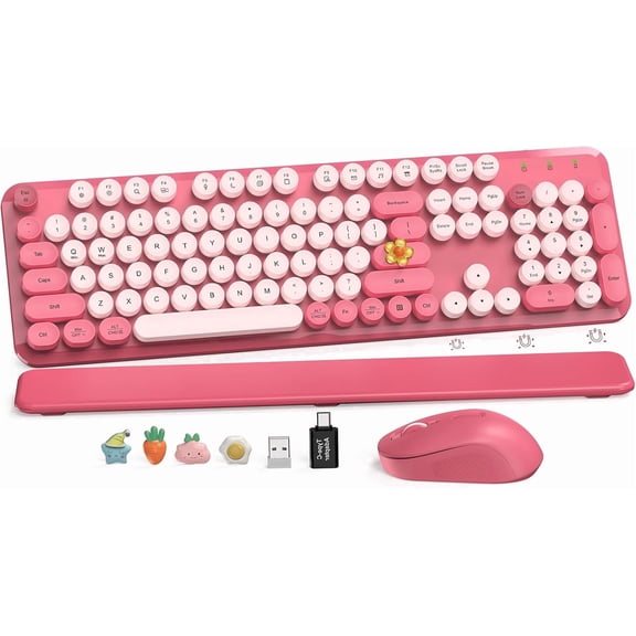 Wireless Keyboard and Mouse Combo, Retro Round Keycaps, Full Size with Detachable Wrist Rest, 2.4G for PC Mac Windows, Pink