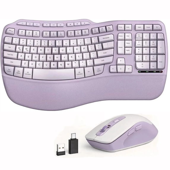 Ergonomic Wireless Keyboard and Mouse Combo, 2.4G Full Size Wave Keyboard with Cushioned Palm Rest, 3 DPI Adjustable Mouse, USB-A & C Compatible with Computer, Laptop, Mac & Tablet - Purple