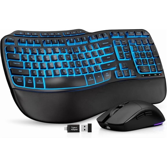 Ergonomic Wireless Keyboard and Mouse Combo, 4000mAh Rechargeable Backlit Keyboard with Lambskin Wrist Rest, Wave Keys, 10M Keystroke, USB-A/C Plug & Play for Windows Mac Chrome OS