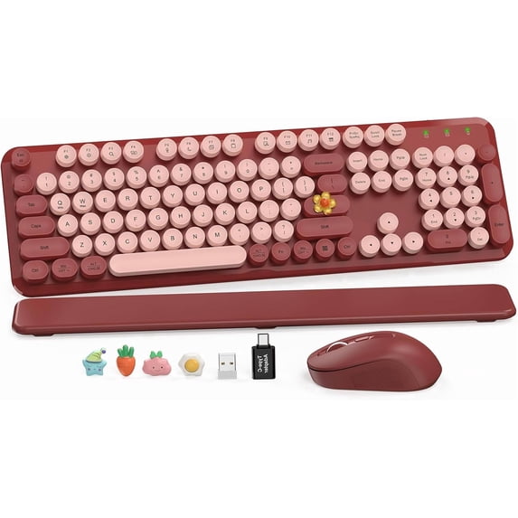 Wireless Keyboard and Mouse Combo, Retro Round Keycaps, Full Size with Detachable Wrist Rest, 2.4G for PC Mac Windows, Claret