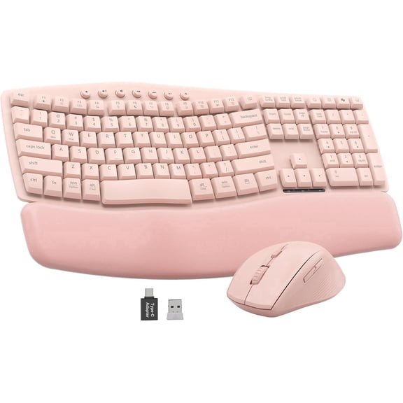 Wireless Keyboard Mouse Combo,Quiet Wave Keyboard with Leather Palm Rest, Ergonomic Mouse, Dual-System Switch, Plug & Play for Home Office,Pink