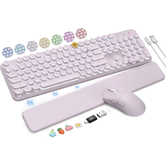 Wireless Keyboard and Mouse Combo, Backlit Typewriter Keyboard with Magnetic Wrist Rest, Retro Round Keycaps, 2.4GHz Cordless, Dusty Lavender