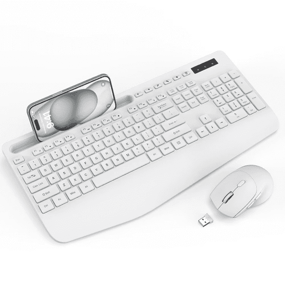 Wireless Keyboard and Mouse Combo, Full-Size Ergonomic Set with Wrist Rest & Phone Holder, 2.4G Wireless Plug & Play for PC, Laptop, Home & Office Use White