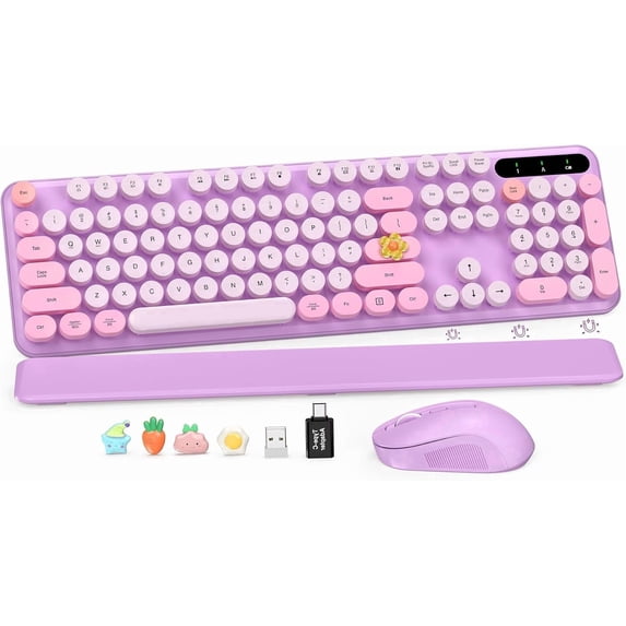 Wireless Keyboard and Mouse Combo, Retro Round Keycaps, Full Size with Detachable Wrist Rest, 2.4G for PC Mac Windows, Lavender Purple