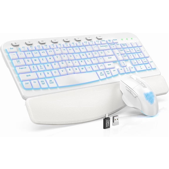 Wireless Keyboard and Mouse Combo - Ergonomic Wave Rechargeable Keyboard with Soft Leather Wrist Rest, RGB Backlit -White