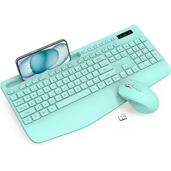 Wagpak Wireless Keyboard and Mouse Combo Wrist Rest Ergonomic Phone Holder Full-Sized Silent 2.4GHz Cordless Keyboard Mouse Set for Computer,Laptop, PC, Mac, Windows Green