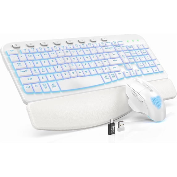 Wireless Keyboard and Mouse Combo - Ergonomic Wave Rechargeable Keyboard with Soft Leather Wrist Rest, RGB Backlit -White